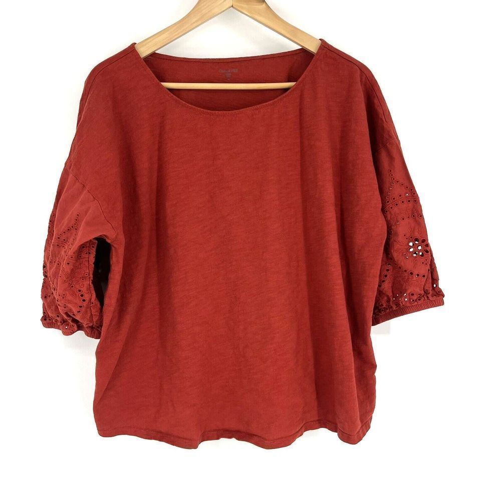 Garnet Hill Red/Orange Blouse with Embroidered Eyelet Sleeves